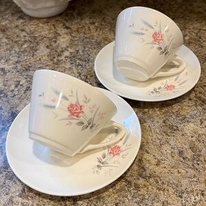 Vintage California Pottery USA Tea Cup and Saucer Pink Rose Grey Wheat Pattern